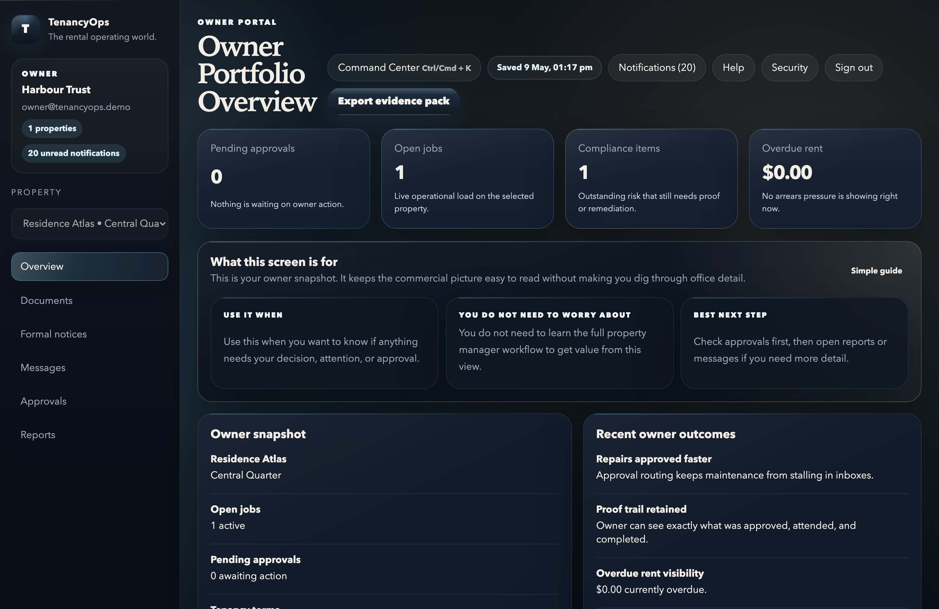 Owner overview with approvals and reporting inside TenancyOps