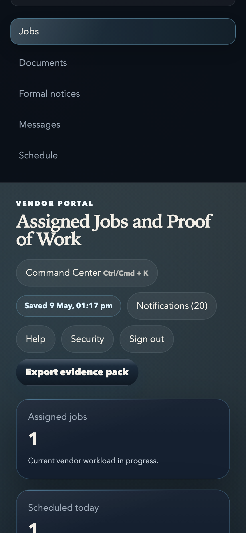 TenancyOps vendor jobs view on mobile