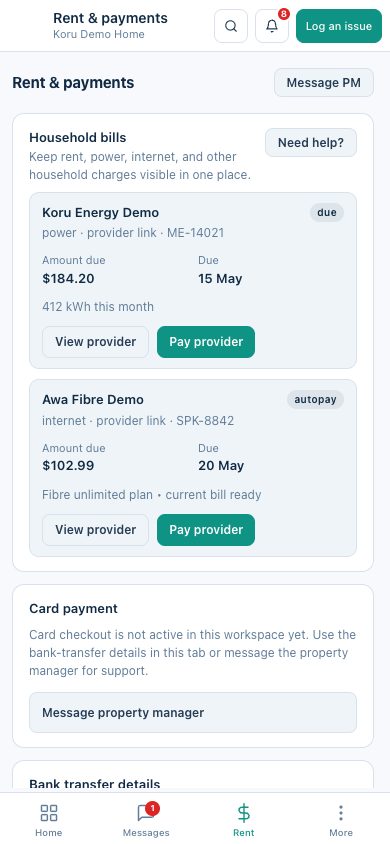 TenancyOps mobile tenant app rent screen from a seeded demo account showing rent statement download, rent, power, internet, water, and support actions.
