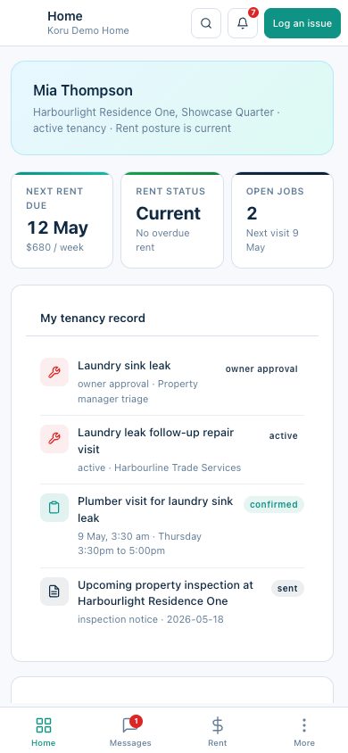 TenancyOps mobile tenant app home screen from a seeded demo account showing rent status, open jobs, documents, and tenancy updates.