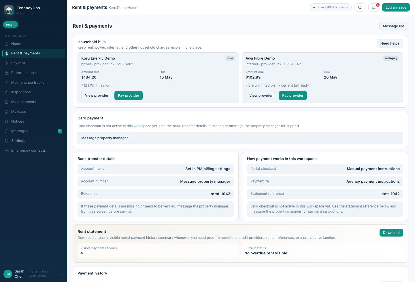 TenancyOps tenant rent and household bills screen showing rent posture, rent statement access, power, internet, water, and bill support.