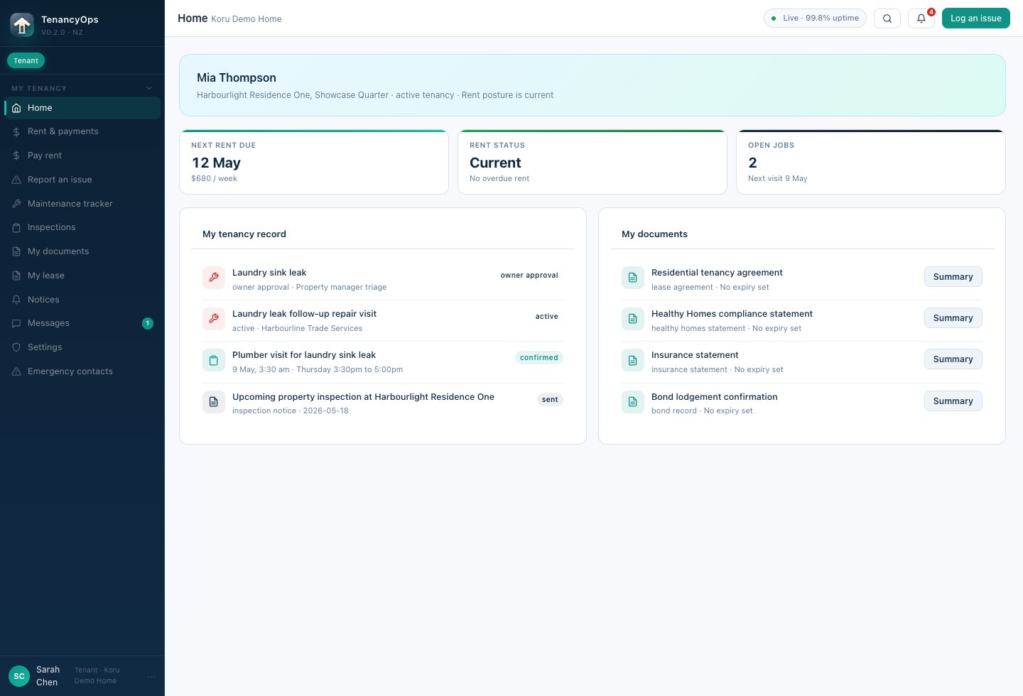 TenancyOps tenant portal showing rent status, open jobs, tenancy record items, documents, notices, and message access.